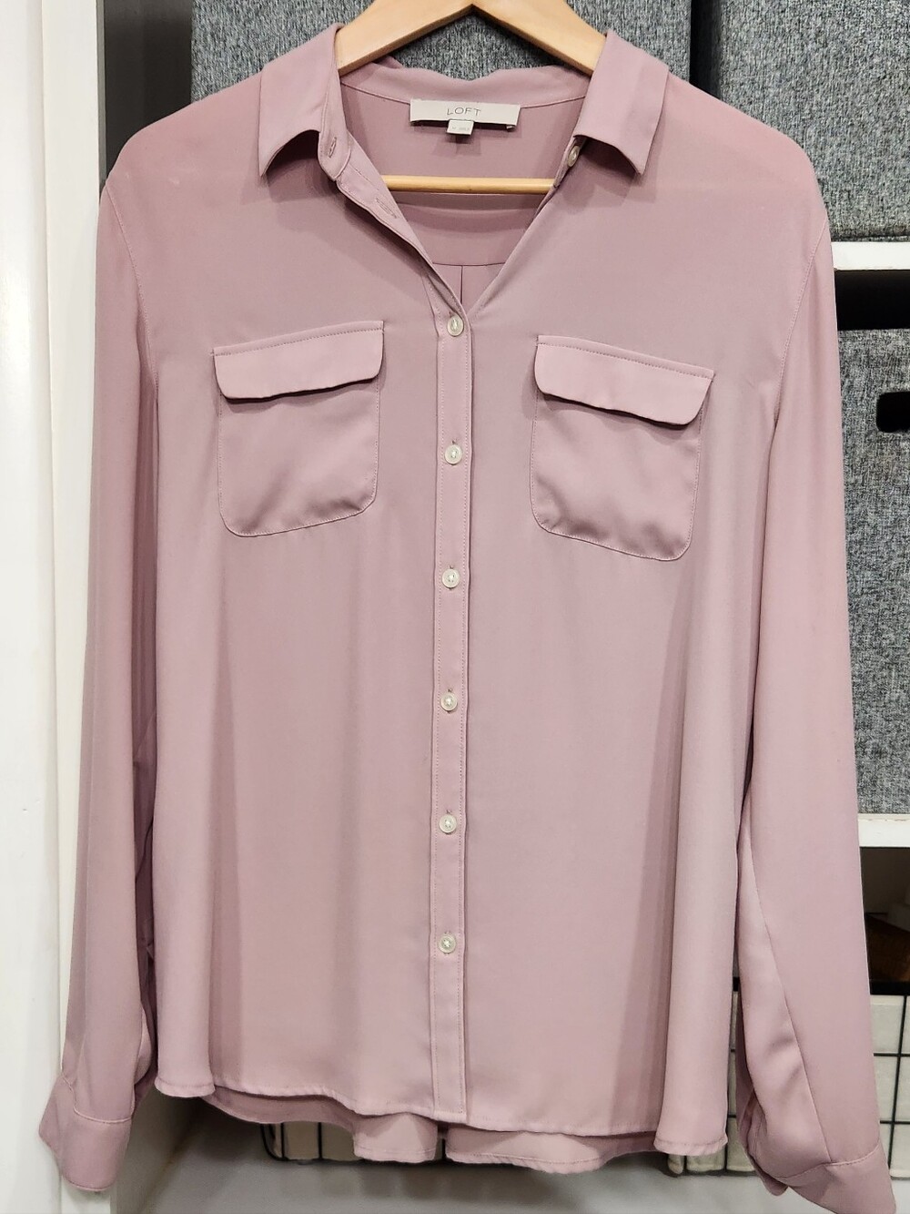 LOFT Dusty Rose Button-Front Blouse with Chest Pockets
